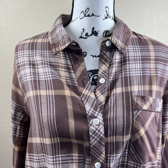 Aerie Brown Plaid Lightweight Flannel button up collar long sleeve size M boho - Picture 9 of 14